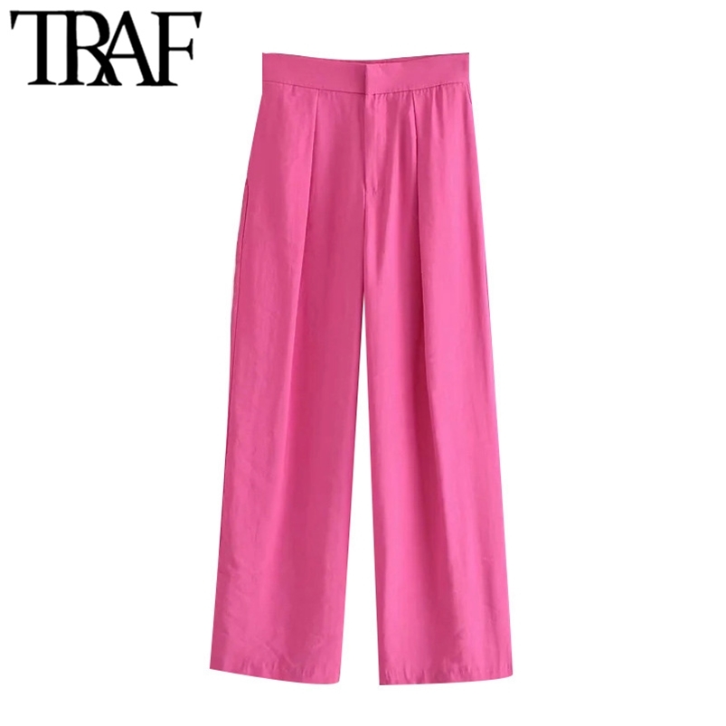 

TRAF Women Chic Fashion Side Pockets Wide Leg Pants Vintage High Waist Zipper Fly Female Trousers Mujer 210721, As picture