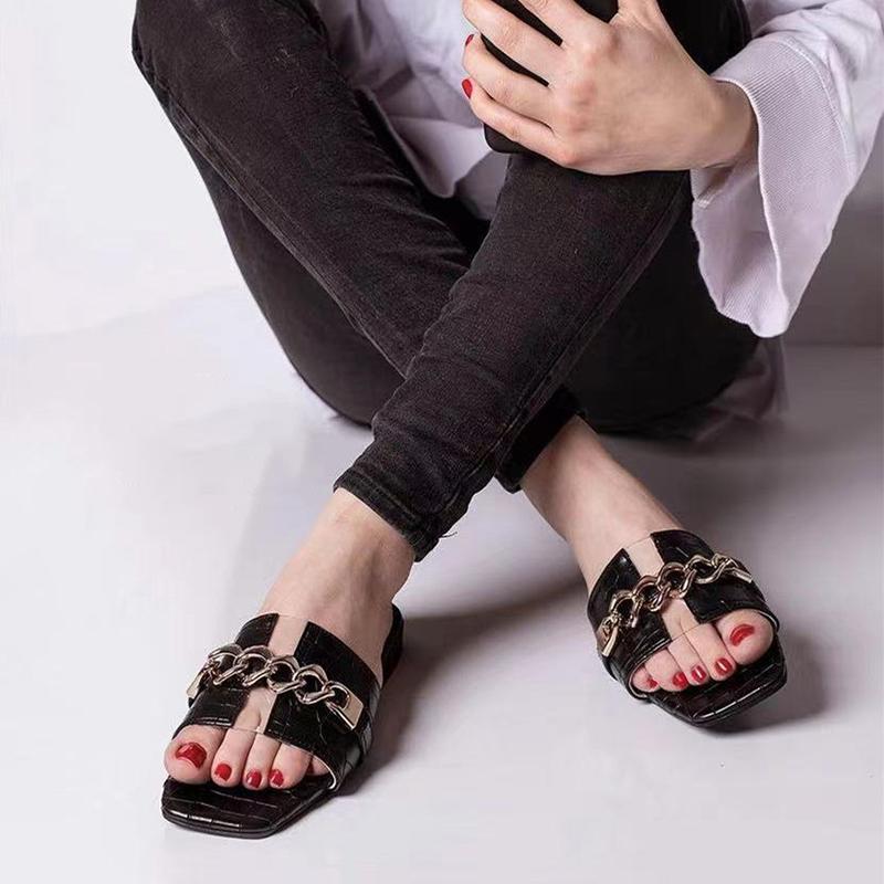 

Slippers 2021 Women Square Toe Chain Woman Slide Metal Transparent Flat Shoes Female Peep PU Leather Ladies Summer Big Size, Gray
