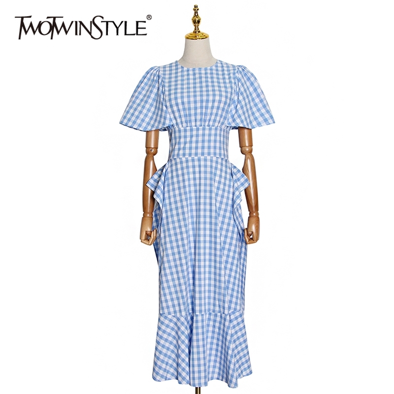 

Patchwork Plaid Women Dress O Neck Short Sleeve High Waist Ruffle Hit Color Elegant Dresses Female Style 210520, Black
