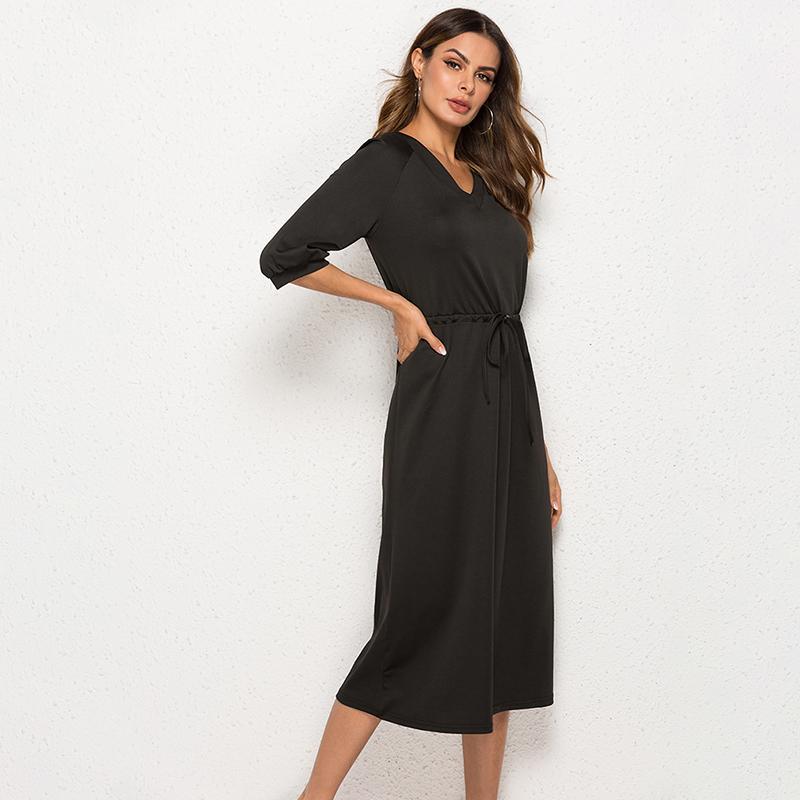 

Party Dresses Retro Lantern Sleeve Dress Women Soild V-Neck Fashion Sashes Mid Casual Female, Black