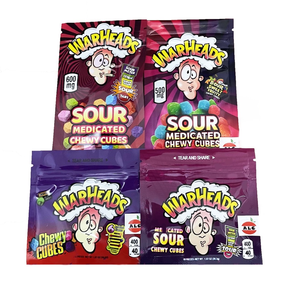 

sour warheads chewy cubes edible packaging bags 4 designs airheads gummies wowheads storage pouch in stock fast ship