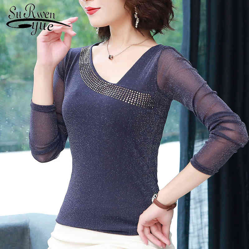 

Fashion Office Lady Blouse Casual Long Sleeve Mesh Tops Elegant Slim Lace Shirt Blusas Mujer De Moda Women 6909 50 210521, Purple