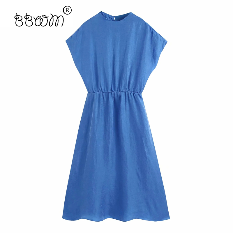

Women Elegant Fashion Blue Long Dress Vintage O-Neck Back Buttons Short Sleeve Dresses Female Chic Outfits 210520