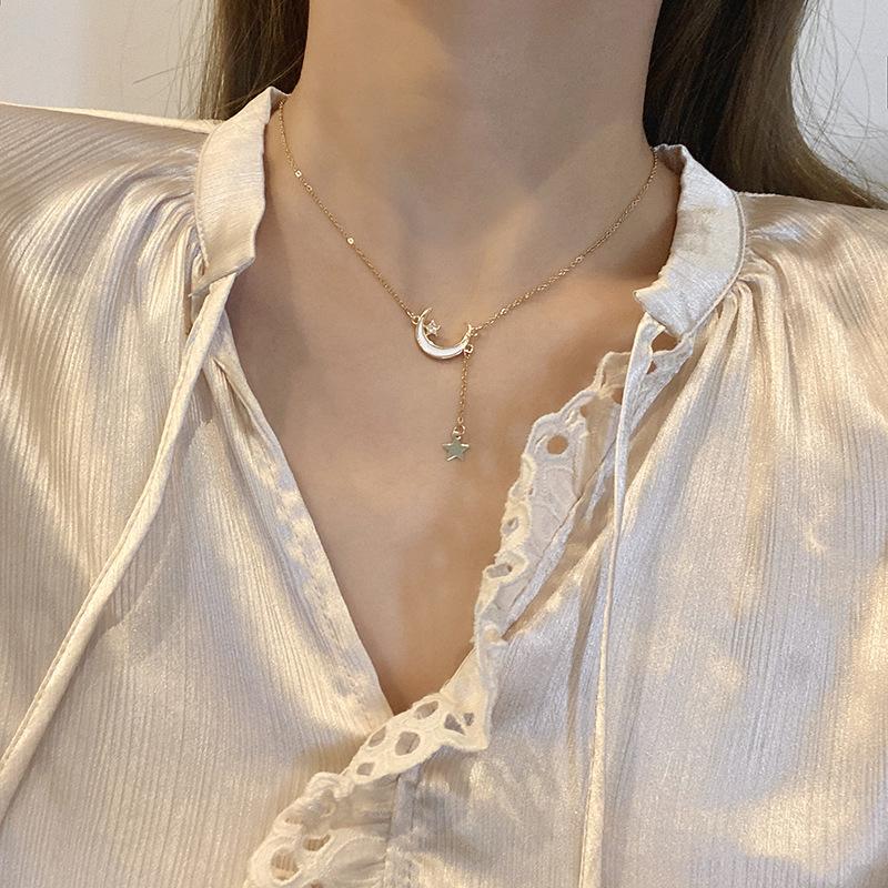 Pendant Necklaces Titanium White Moon Stars Necklace Tassel Stainless Steel Chain For Women Emo Statement Jewelry Gifts-image-710521502