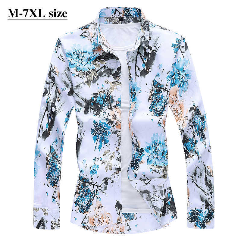 

Autumn Men's Long Sleeve Flower Shirt Chinese Style Printing Fashion Business Slim Fit Casual Shirts Plus Size 5XL 6XL 7XL 210628