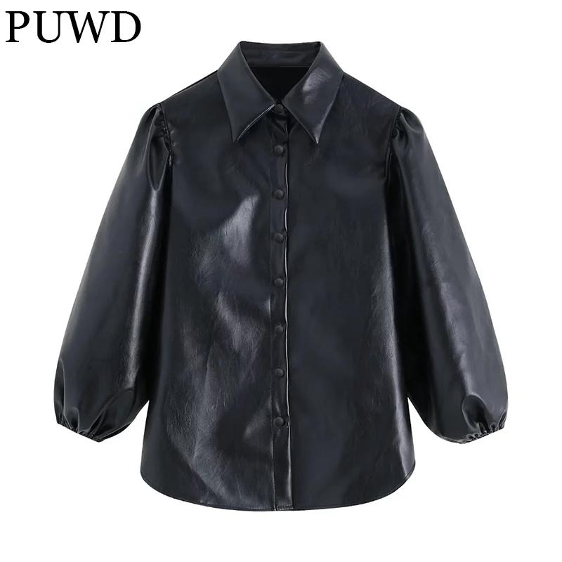 

Women's Leather & Faux PUWD Vintage Women Lantern Sleeve Shirt 2021 Autumn Winter Solid Lapel Single-breasted Blouse Loose Female Chic Top, Black