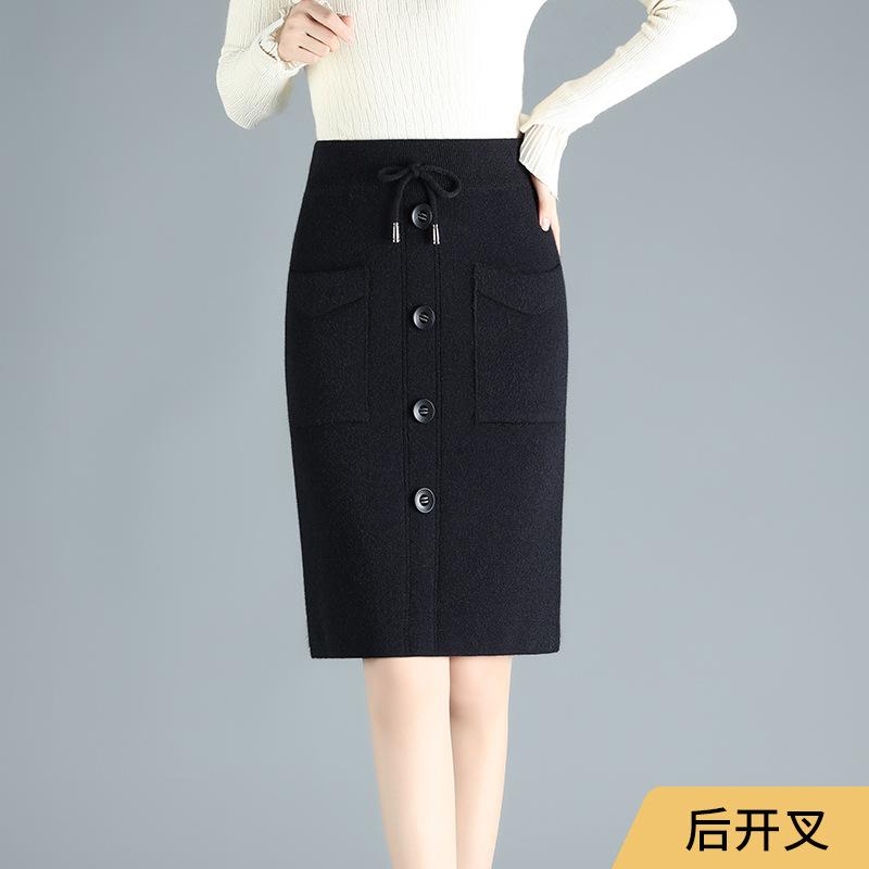 

Skirts 2021 Autumn & Winter Arrival High Waist Slim Simple Black Women Knit Short Skirt Casual Pocket All-match