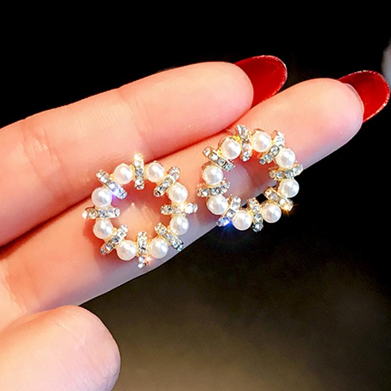 Stud Design 14K Real Gold Circle Pearl Earrings For Women Charm Jewelry S925 Silver Needle Shiny Zirconia Party Gift-image-697812069