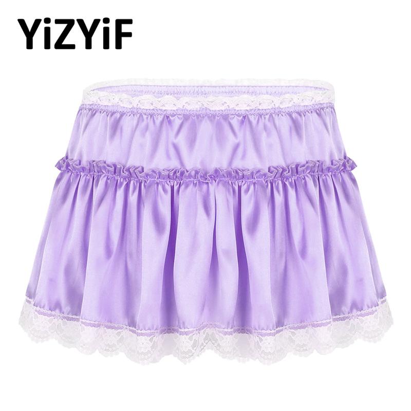 

Men Micro Mini Skirt Smooth Satin Elastic High Waist Lace Hem Short Frilly Ruffled A-line Sissy Panties Sexy Fancy Dress Men' Swimwear, Pink