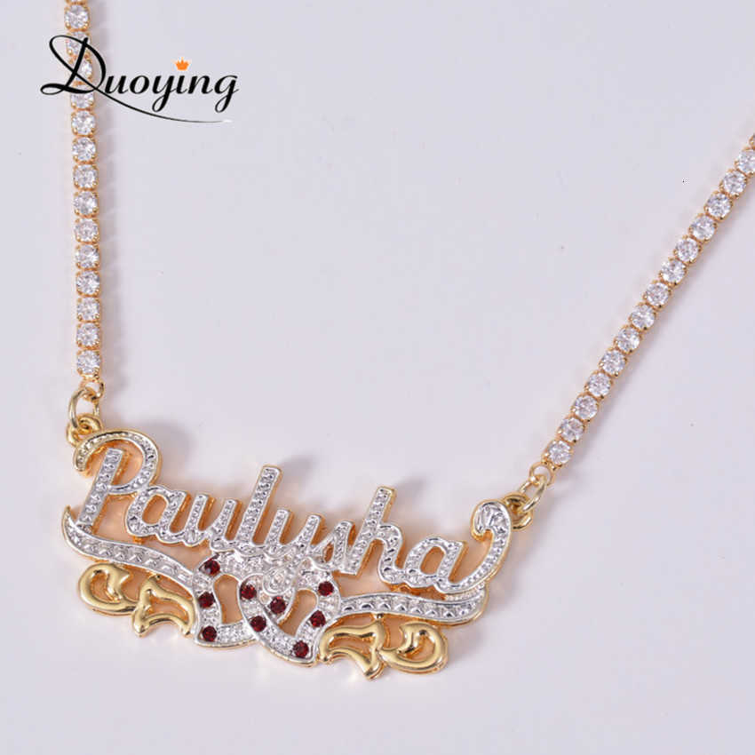 

Zircon Custom Duoying Double Gold Plated Nameplate 3d Personalized Necklaces Choker Women Name Necklace V0728