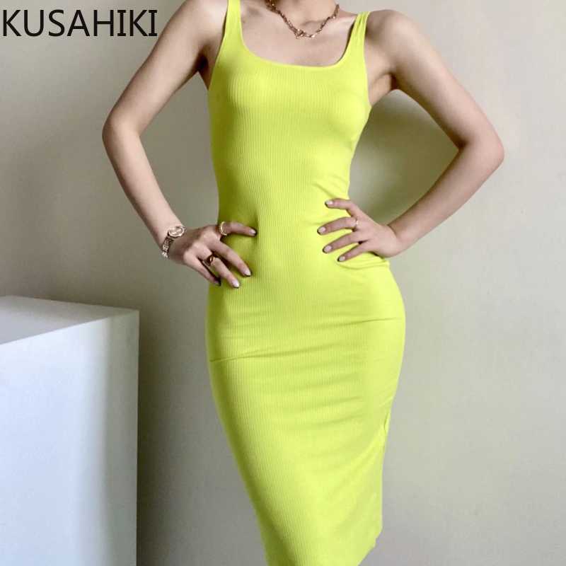 

KUSAHIKI Sexy Slim Women Tank Dress Korean Square Collar Spaghetti Strap Dresses Summer Split Sling Vestidos 6J340 210602, Khaki