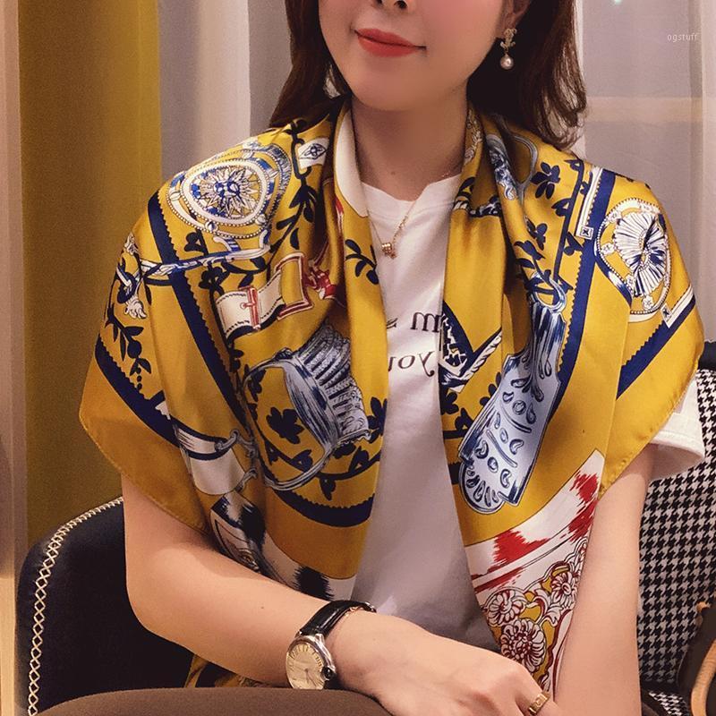 

Scarves 2021 Summer Sunscreen Satin Silk Scarf Female 90X90CM Neckerchief Kerchief Fashion Bandana Headcloth Ethnic Style Print Shawl, Blue;gray