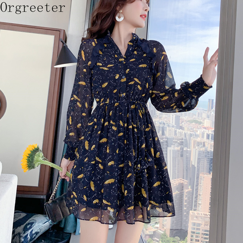 

Casual Floral Printed Chiffon Dress Women Spring Fall Bew Lantern Sleeve Pleated Slim Short Vestidos Robe Femme 210525, Blue