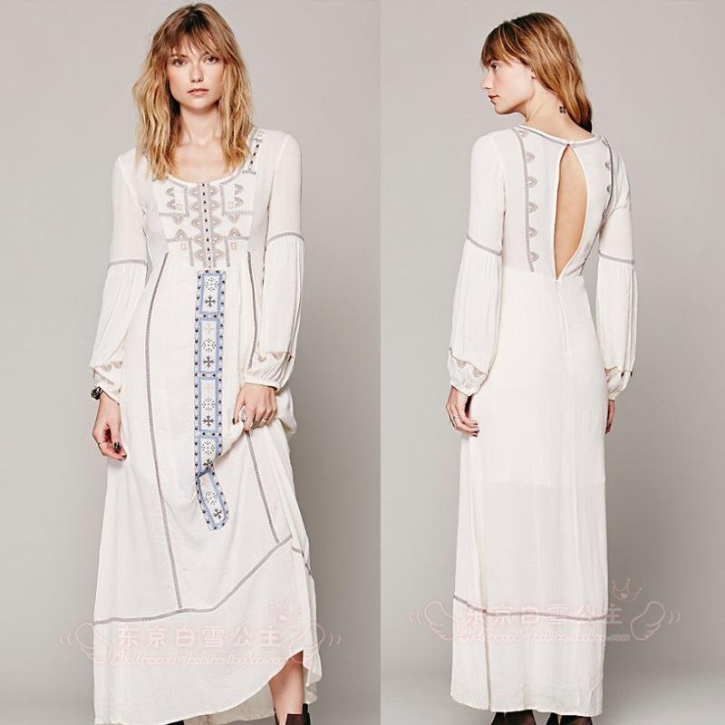 

Casual Dresses 2021 Vintage Long Dress Women's Embroidery Maxi Sleeve Bohemian Elegant Loose Style, Beige