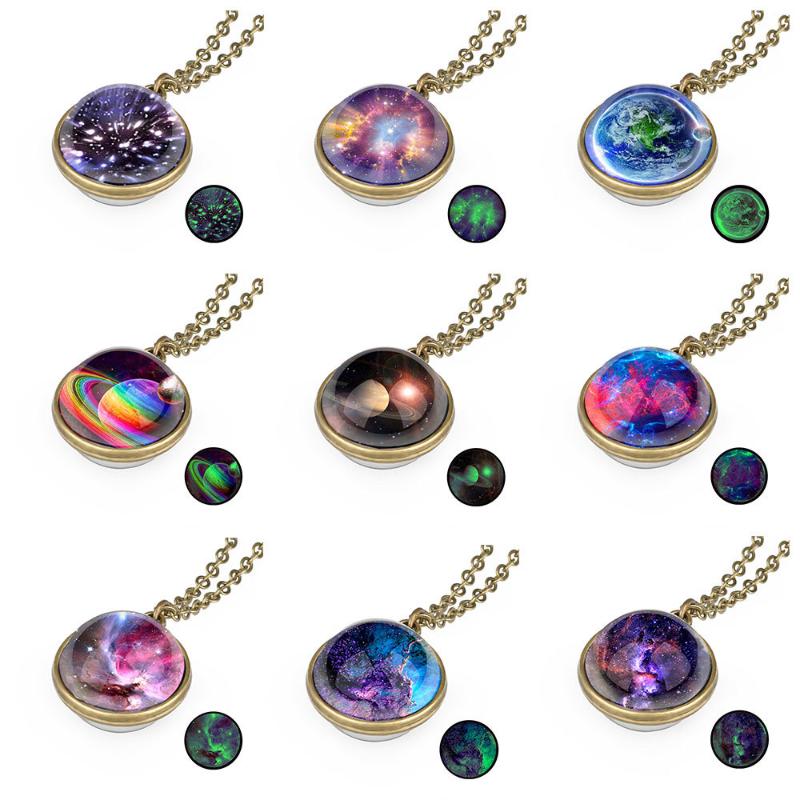 Pendant Necklaces Luminous Double-sided Glass Ball Necklace Solar System Universe Starry Birthday Gift Jewelry-image-706615028