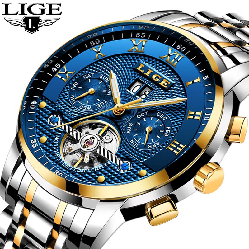 

Wristwatches Relogio Masculino LIGE Mens Watches Top Automatic Mechanical Watch Men Full Steel Business Waterproof Sport, Slivery;brown