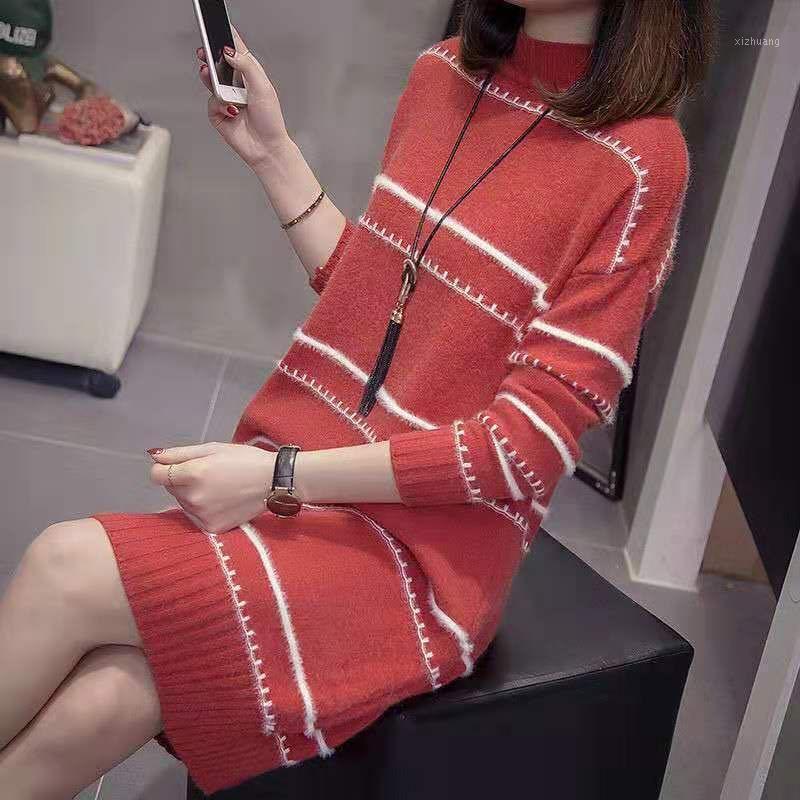 

Casual Dresses 2021 Autumn Winter Women Elegant Sweater Dress Female Striped Long Sleeve Knitted Lady Loose A-line Vestido N169, Xinse