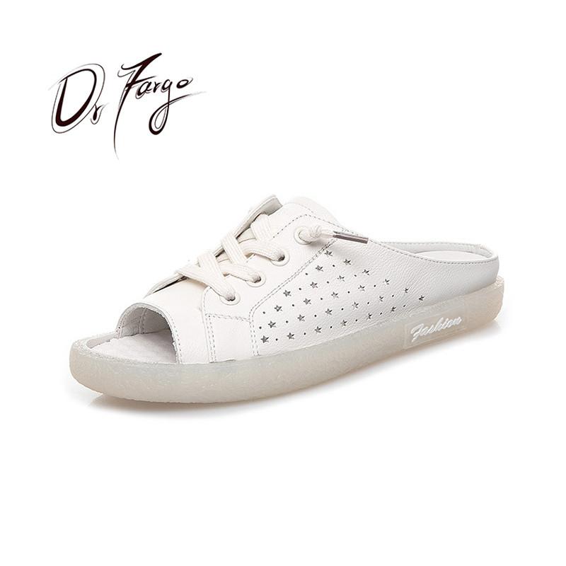 

Slippers DRFARGO 2021 Summer Genuine Leather Shoes For Women Lace Up Peep Toe Cutout Breathable Size 35-41 19215 Mujer Zapatos, Black