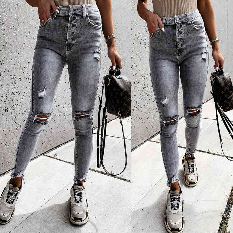 

jeans 2021 women's slim show thin hole pants woman, Blue