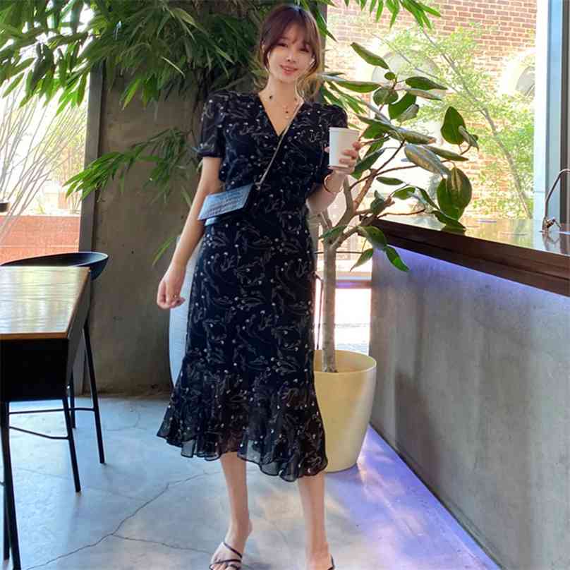 

Maxi floral Dress for women Summer Korean elegant print polyester Laides Sexy Loose Long Dresses 210602, Black