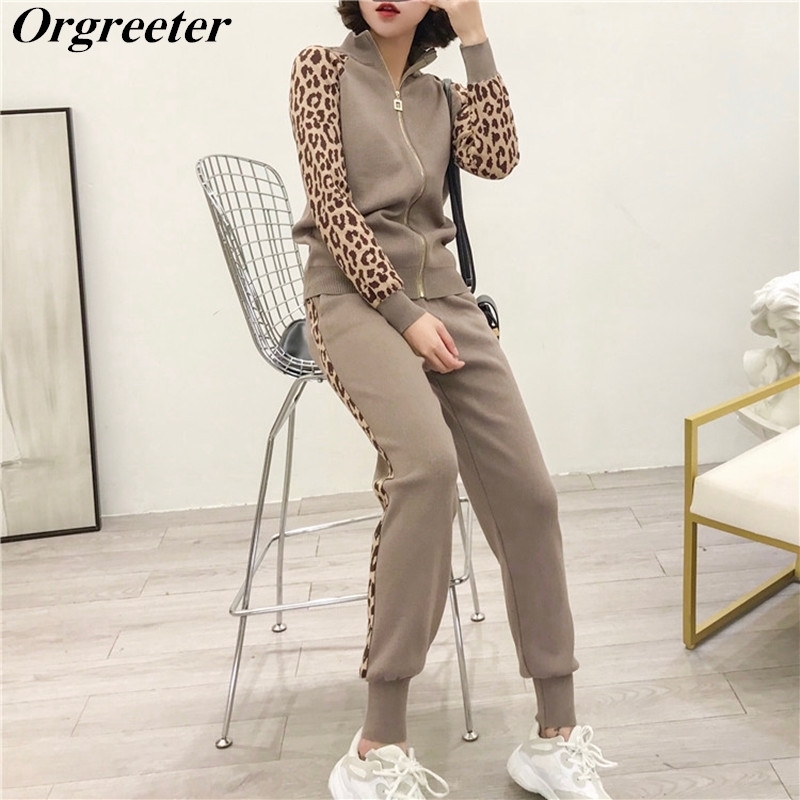 

Leopard Print Patchwork Half Turtleneck Zipper Knit Cardigans +Pencil Pants Women Fashion Tracksuits Jacket Trousers 2 Piece set 210525, Black