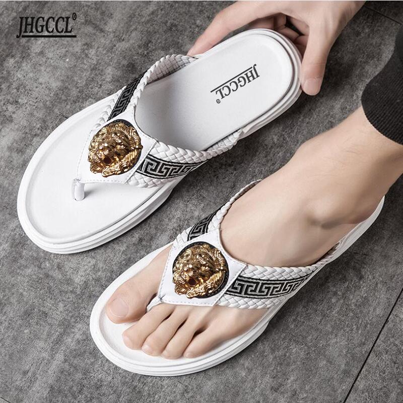 

White Slippers Men Shoes Fashion Clip Toe Casual Buckle Flip Flops Outdoor Beach Men's Flats Plus Size, Black