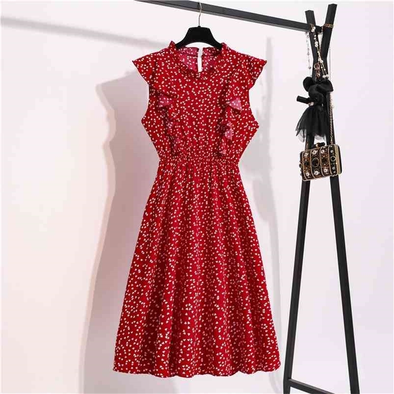 

Vintage Butterfly Sleeve Ruffles Heart Dot Print Dres Medium Long Chiffon Ladies Spring Summer Red Black Blue 210701