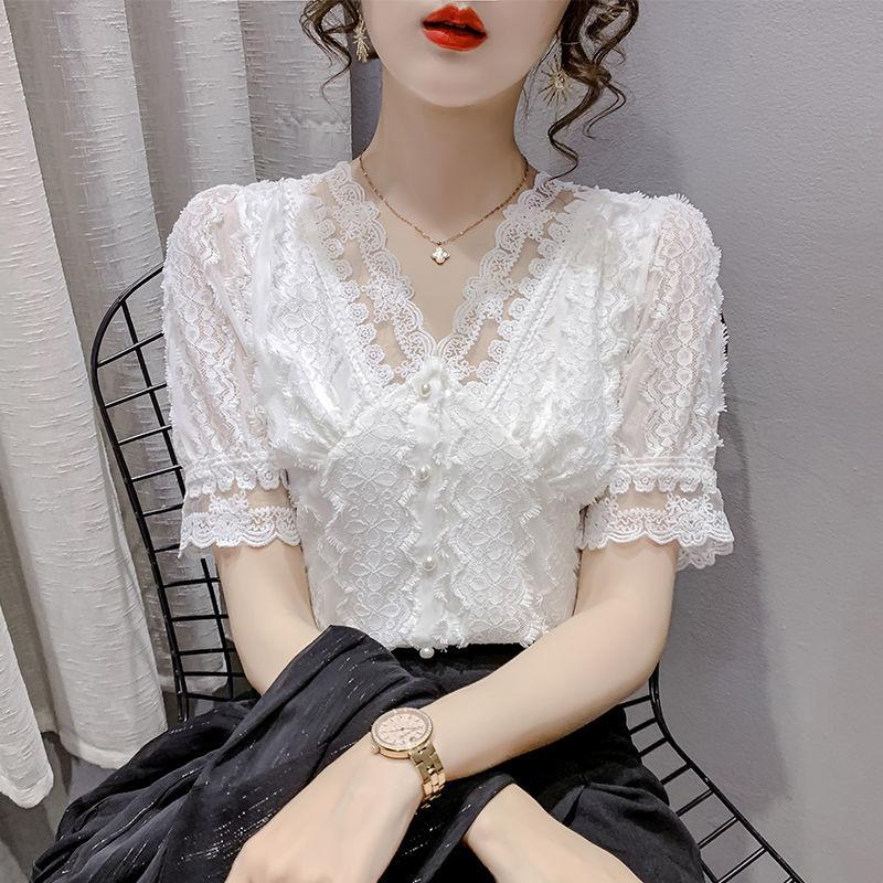 

Women' Blouses & Shirts 2021 Women Summer Fashion Lace Blouse Ladies V-neck Sweet Solid Color Top Short Sleeve Flower Hollow Shirt Tops, Apricot