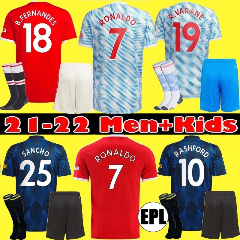 

RONALDO 21 22 SANCHO Manchester soccer jerseys UNITED Fans Player version MAN BRUNO FERNANDES POGBA RASHFORD football shirt UTD 2021 2022 men kids kit sets, Beige