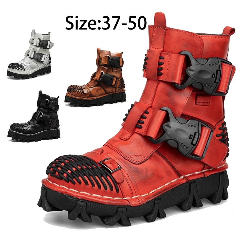 

Men Genuine Leather Boots Skull Gothic Punk Motorcycle Boot Desert Combat Ankle Boat Safety Shoes Military Booties Winter Autumn, Grey