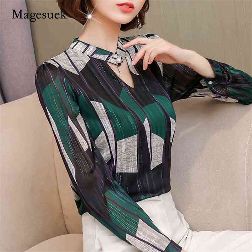 

Fashion Print Chiffon Blouse Long Sleeve Plus Size Women Tops Stripe OL Women' Clothing Blusas mujer de moda 0092 210518, Blue