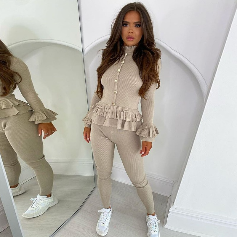 

Piece Set Women Solid Ruffles Ribbed Tops and Elastic Stretchy Bodycon Pant Office Lady Sweatsuits Elegant Two Piece Outfit, Gray