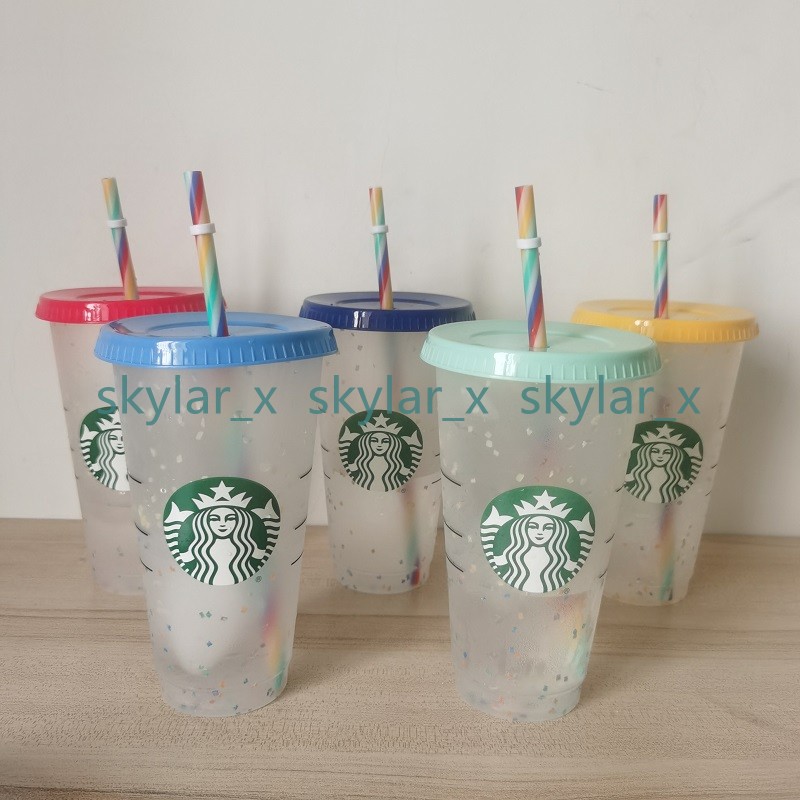 

100pcs 24OZ/710ml Starbucks Rainbow Plastic Tumbler Reusable Clear Drinking Flat Bottom Cup Pillar Shape Lid Straw Mug Bardian, Customize