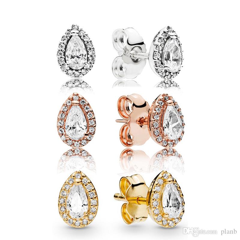 

Shining tears Stud Earring Original Box for Pandora 925 Sterling Silver Gold / Rose gold plated Tear drop Earrings Women Christmas gifts