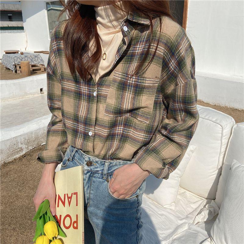 

Women's Blouses & Shirts 2021 Vintage Women Full Sleeve Loose Plaid In Long Green Model Blouse Shirt 8708, As picture