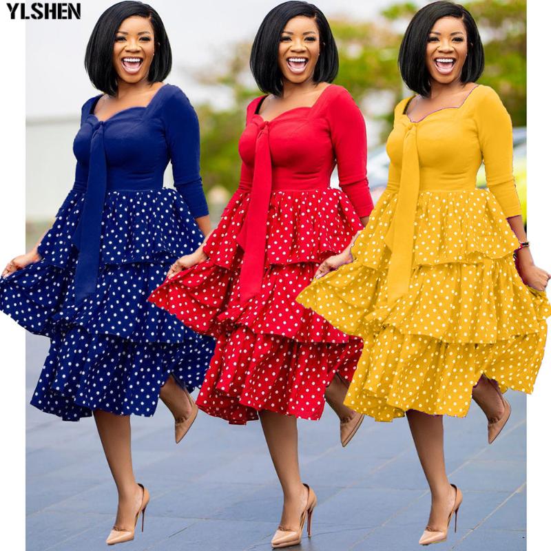 

African Print Dresses For Women Dashiki Polk Dot Patchwork Clothes Plus Size Vestidos Africa Cake Dress Christmas Robe Fashion Trendy, Blue
