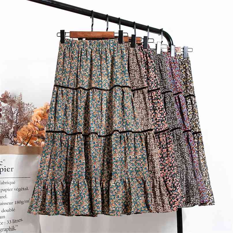 

Korean Style Spring Floral Printing A-line Long Boho Skirts Elastic Waist Paragraph Patchwork Pleated 210629