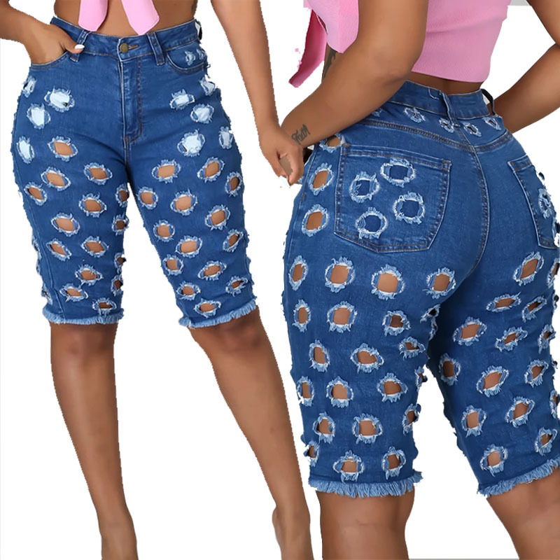 

jeans 2021 denim pants fashion slim women's with burr holes, Blue