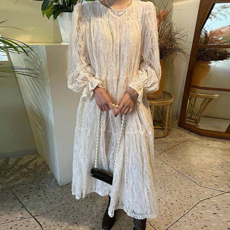 

Casual Dresses [EWQ] Fashion Three-dimensional Lace Hook Flower Fold Dress Women Autumn O-neck Loose Mid-calf Puff Sleeve 16R761, Black;gray