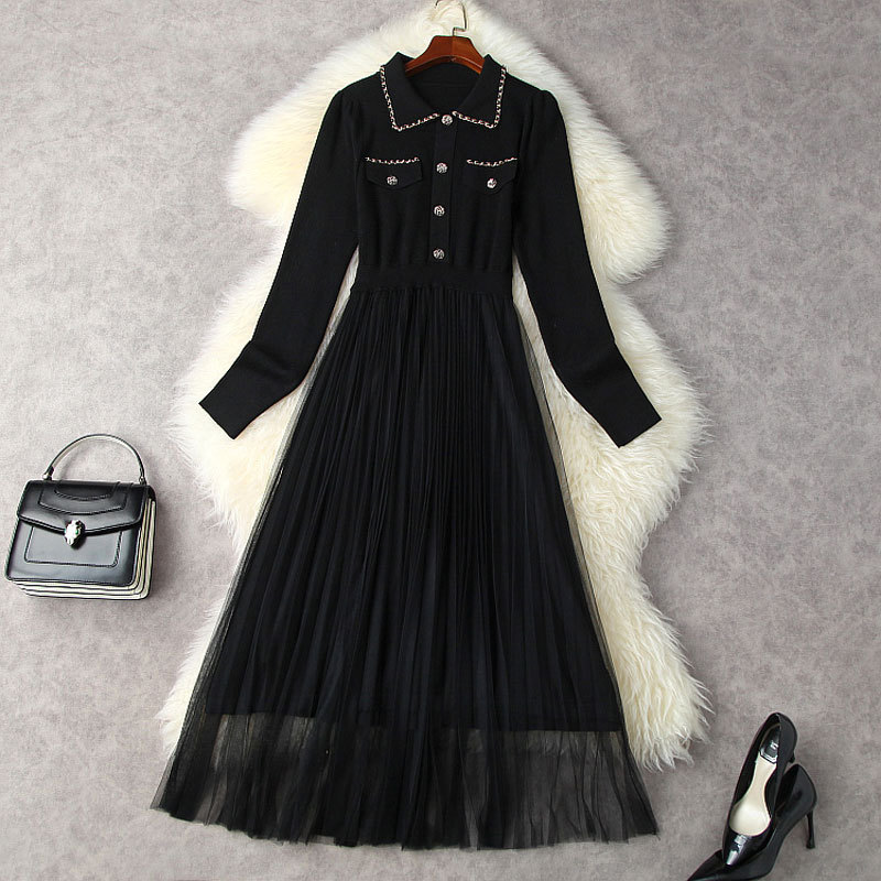 

2021 Fall Autumn Long Sleeve Lapel Neck Black Solid Color Knitted Panelled Tulle Pleated Mid-Calf Dress Elegant Casual Dresses 21O2212737