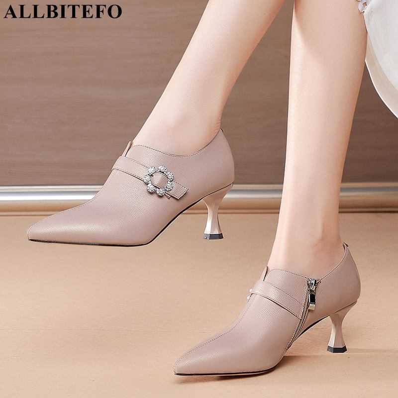 

ALLBITEFO size 34-42 bead design genuine leather high heels pointed toe fashion sexy high heel shoes women pumps basic shoes 210611, As picture
