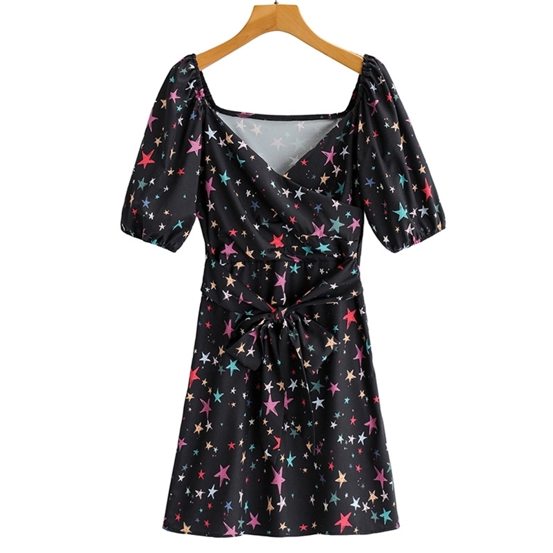 

Summer Women Sexy Dress Deep V-neck Starts Female Short Sleeve Casual Pleated Dresses High Quality A-Line Size L 210524, Black