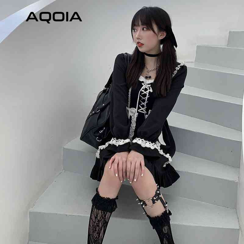 

Spring Lolita Style Women Dress Sweet Ruffles Long Sleeve Square Collar Fashion Cosplay Ladies Maid Mini es 210521