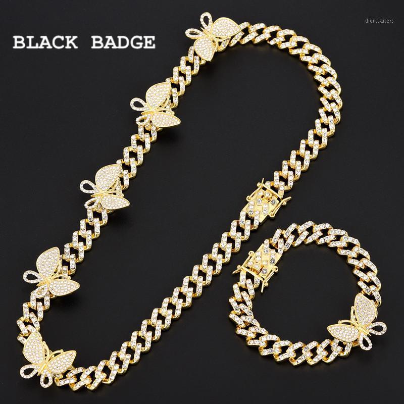 

Hip Hop 12MM Iced Out Butterfly Cuban Chain Paved Rhinestones 1 Set Miami CZ Bling Rapper Necklace Bracelet For Men Jewelry Chains