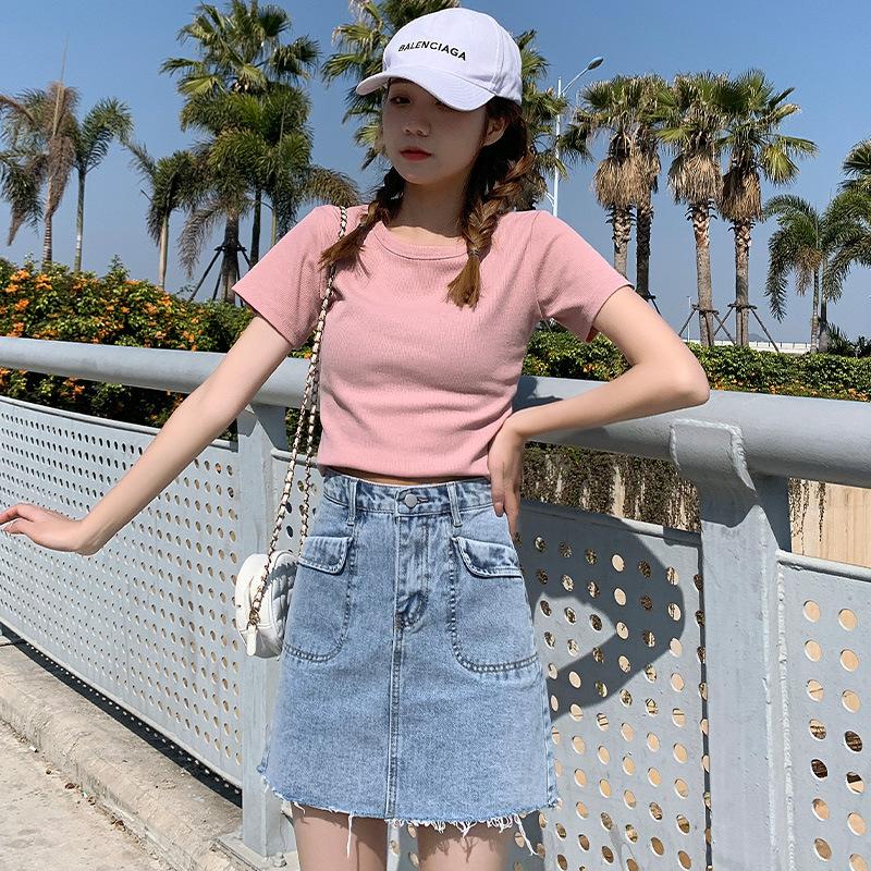 

Skirts Denim Mini 2021 Summer High Waist A-line All-match Thin Bag Hip Fashion Solid Color Casual Streetwear, Black