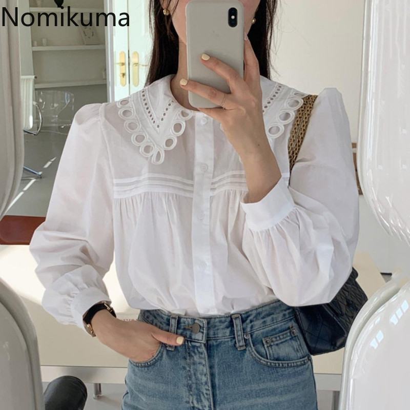 Nomikuma Women Blouses Lace Hollow-out Peter Pan Collar Shirts Spring New Long Sleeve Elegant Blusas Mujer De Moda 6F563 210427