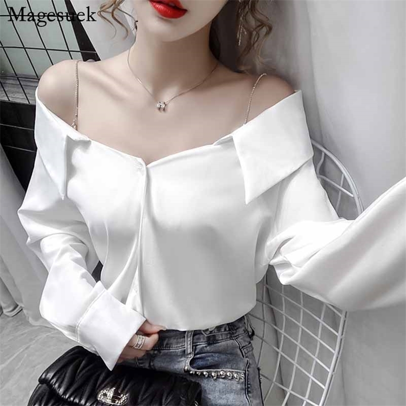 

Korean Off-Shoulder Fashion All-match Cotton Blouse A- Line Tops Autumn Women' Shirts Female Long Sleeve Clothes 10528 210518, White