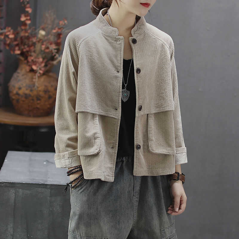

Arrival Autumn Arts Style Women Stand Collar Long Sleeve Jackets Double Pocket Loose Corduroy Vintage Casual Coats D410 210608, Yellow