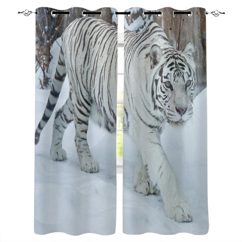 

White Tiger Walking In The Snow Window Curtains For Living Room Bedroom Kitchen Modern Home Decoration Drapes Blinds Curtain &, As pic