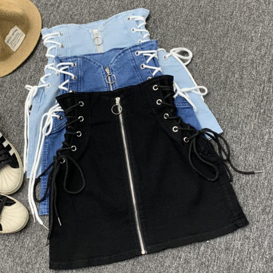 

Denim A-line lace-up skirts women front ring zipper fashion empire mini skirt bottoms women, Black